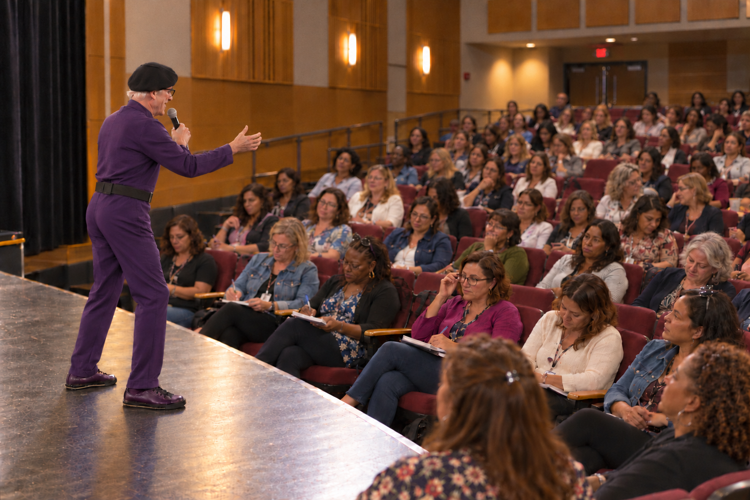 DW as Confidence Crusader speaking to Moms in an auditorium