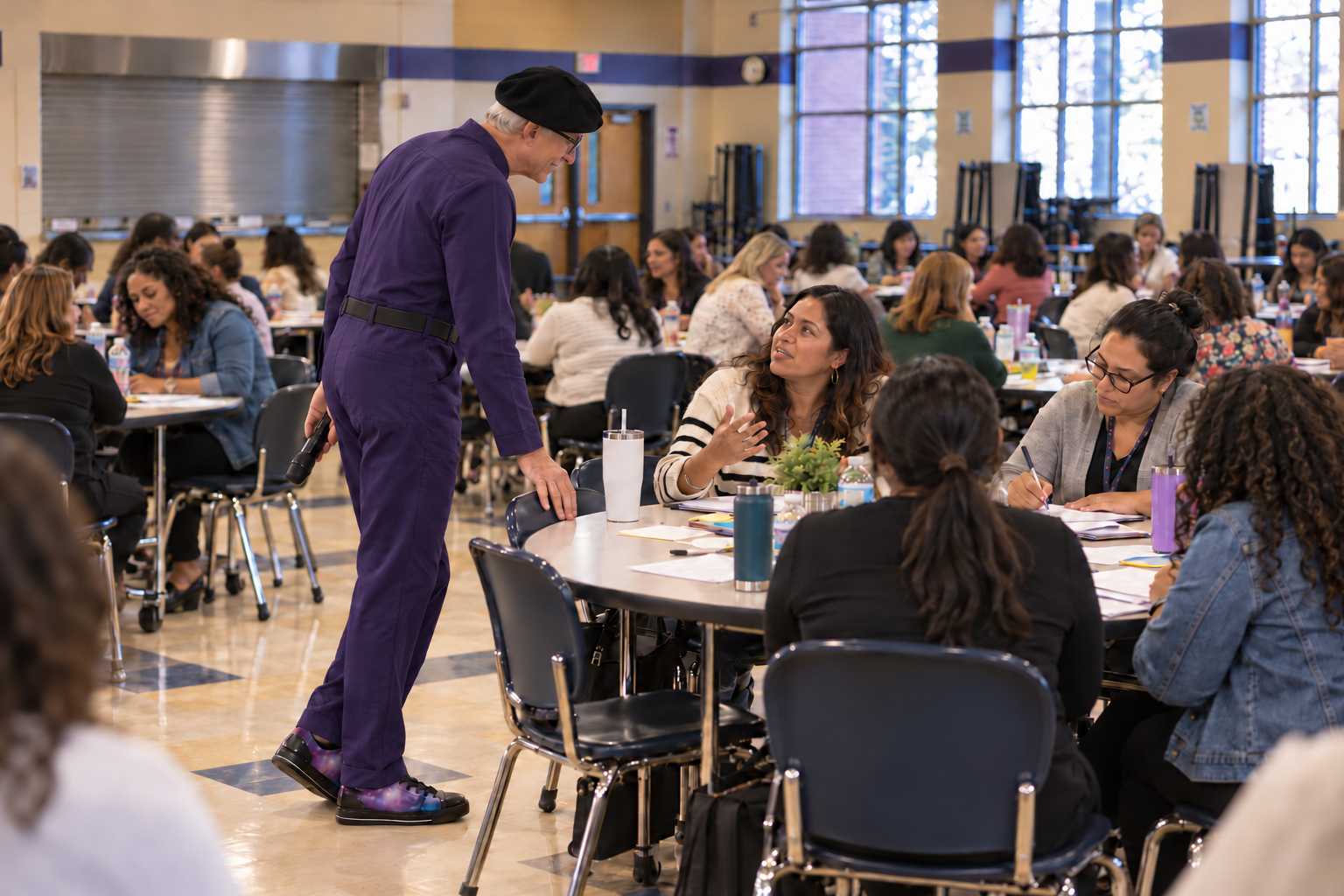 DW as Confidence Crusader talking with Moms at a workshop table