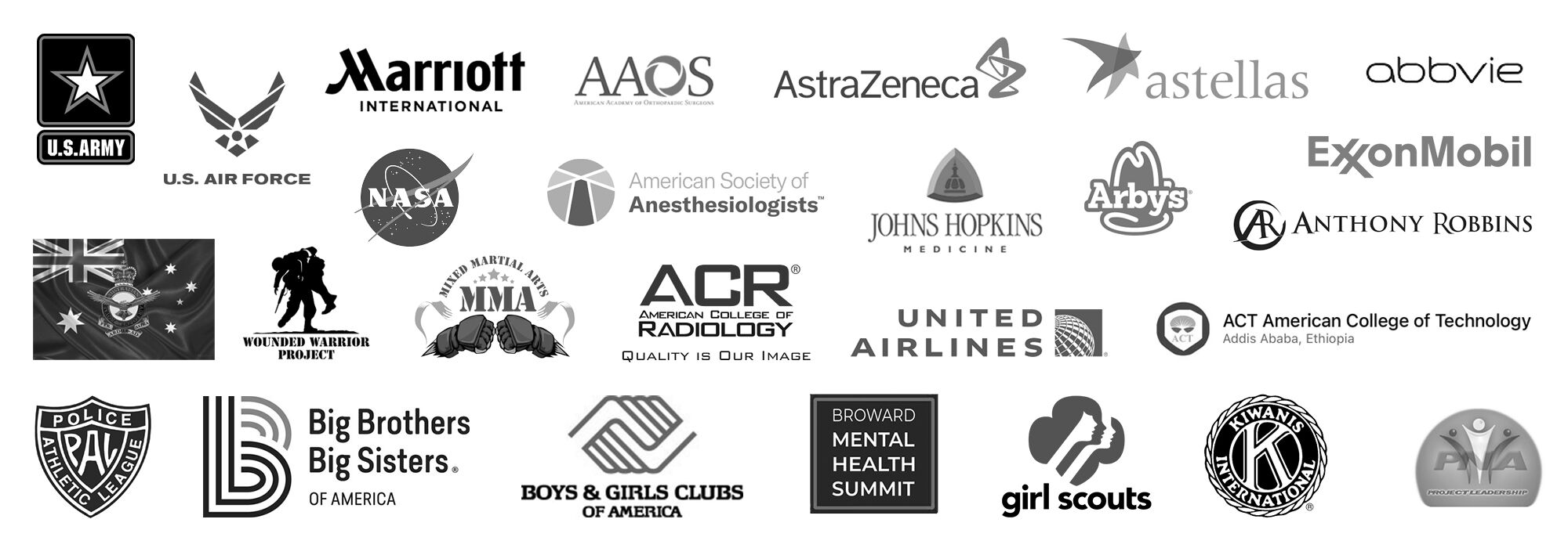Selected clients including U.S. Army, U.S. Air Force, Marriott, NASA, Johns Hopkins Medicine, ExxonMobil, and youth organizations