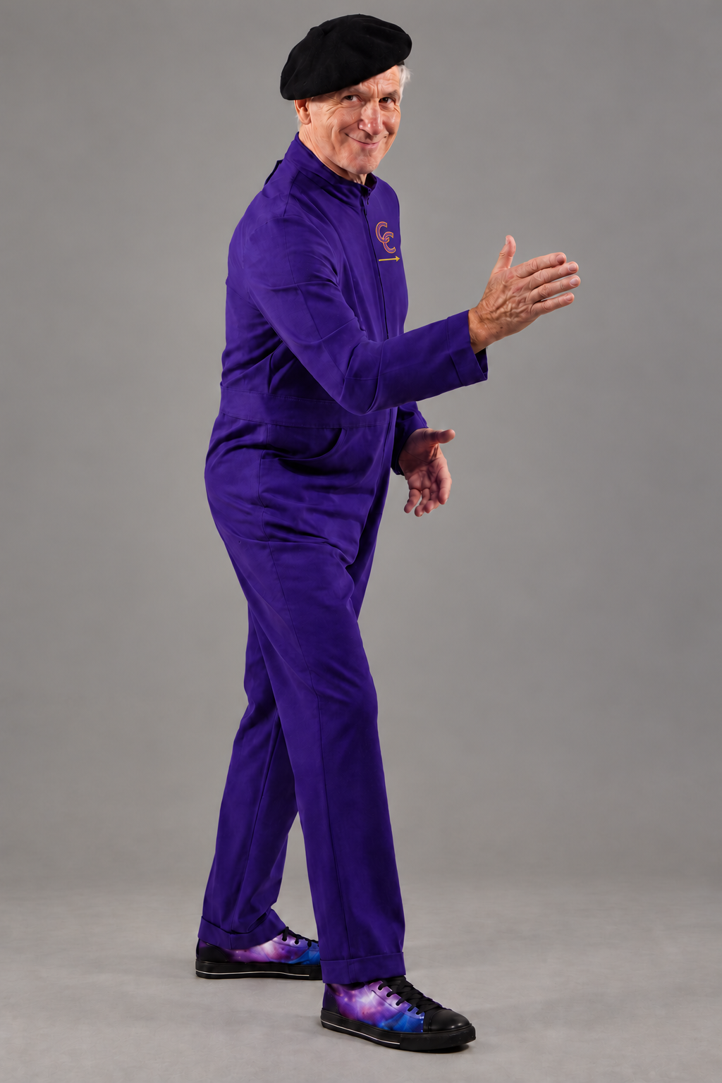 DW Starr as Confidence Crusader in his full purple costume with CC chest logo